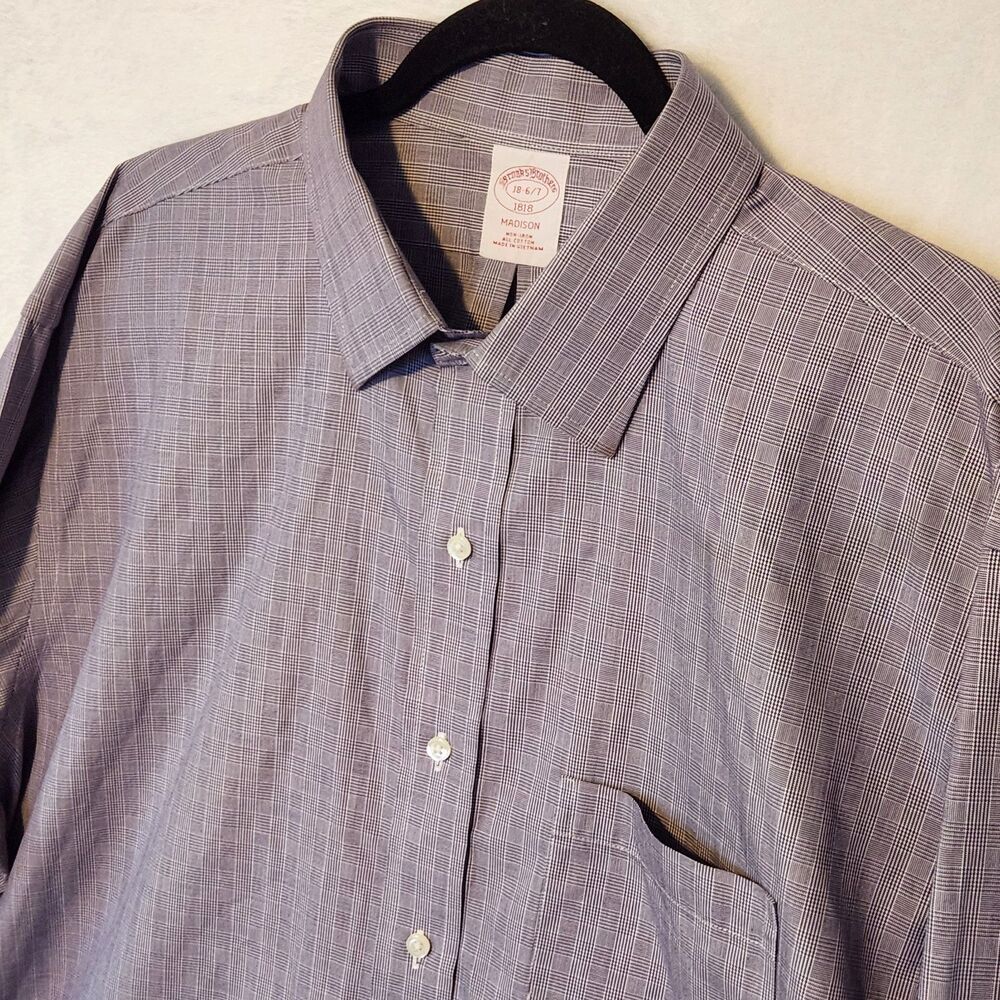 Brooks Brothers Men's Sz 18 6/7 Sleeve Madison Dk Red Check Dress Shirt No Iron